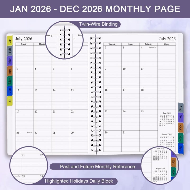 Nokingo 2026 Planner - Weekly & Monthly Planner Runs Jan 2026 to Dec 2026, 6.25" x 8.25", 12 Monthly Tabs, 14 Notes Pages, Inner Pocket, Flexible Cover with Twin-Wire Binding, Planners 2026 (Purple, 6.25" x 8.25") - Image 2