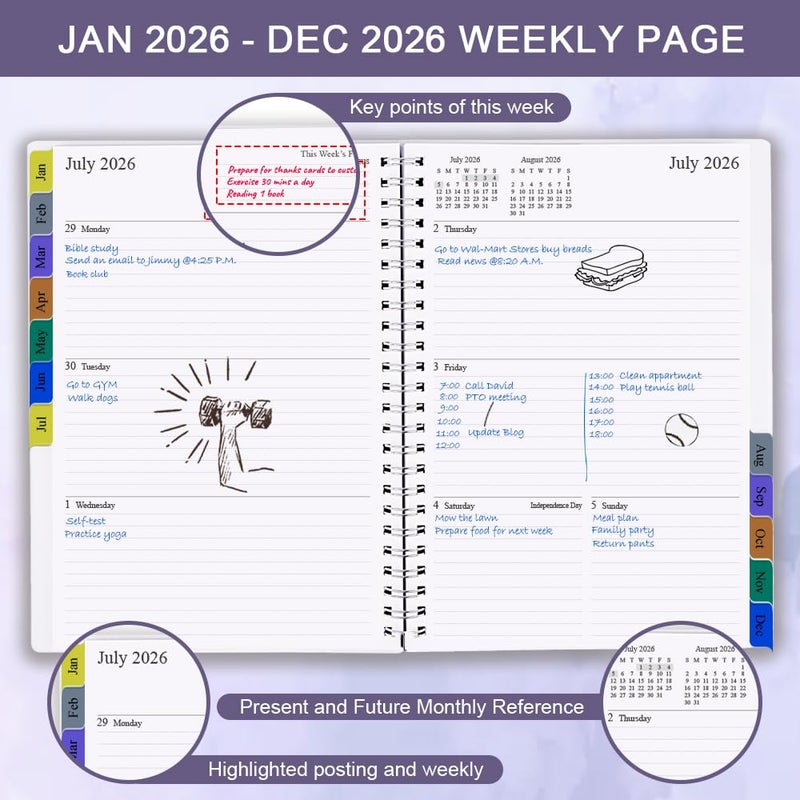 Nokingo 2026 Planner - Weekly & Monthly Planner Runs Jan 2026 to Dec 2026, 6.25" x 8.25", 12 Monthly Tabs, 14 Notes Pages, Inner Pocket, Flexible Cover with Twin-Wire Binding, Planners 2026 (Purple, 6.25" x 8.25") - Image 3