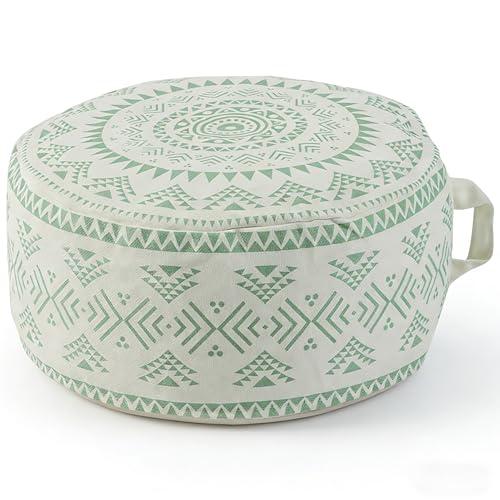MOCOFO Unstuffed Round Pouf Covers Boho Colorful Geometric Ottoman Pouf Cover with Handle DesignDecoration Footstool for Living RoomBedroomPatio Light Green18x18x8 - Image 1