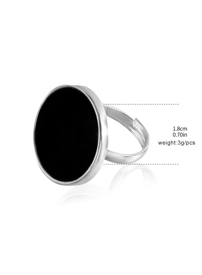 Minimalist Round Flat Disc Ring 925 Silver Inlaid with Black Agate Disc Ring Open Adjustable Black Round Coin Ring Vintage Round Disc Ring Large Disc Shape Ring Jewelry for Women - Image 4