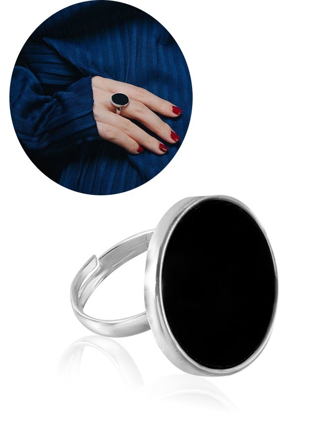Minimalist Round Flat Disc Ring 925 Silver Inlaid with Black Agate Disc Ring Open Adjustable Black Round Coin Ring Vintage Round Disc Ring Large Disc Shape Ring Jewelry for Women - Image 1