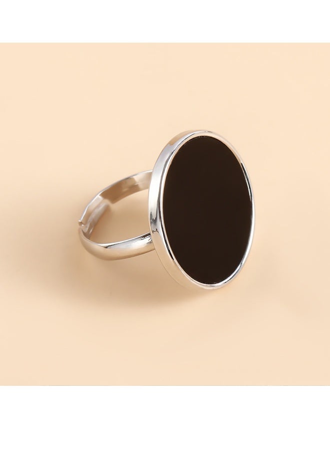 Minimalist Round Flat Disc Ring 925 Silver Inlaid with Black Agate Disc Ring Open Adjustable Black Round Coin Ring Vintage Round Disc Ring Large Disc Shape Ring Jewelry for Women - Image 5
