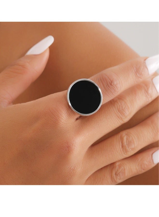 Minimalist Round Flat Disc Ring 925 Silver Inlaid with Black Agate Disc Ring Open Adjustable Black Round Coin Ring Vintage Round Disc Ring Large Disc Shape Ring Jewelry for Women - Image 3