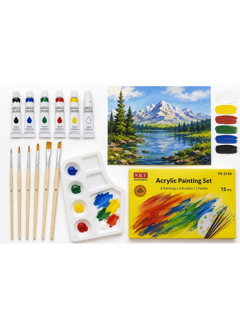 Acrylic Painting Set 15 Pcs - 6 Paint Tubes, 8 Brushes & Mixing Palette - Image 2