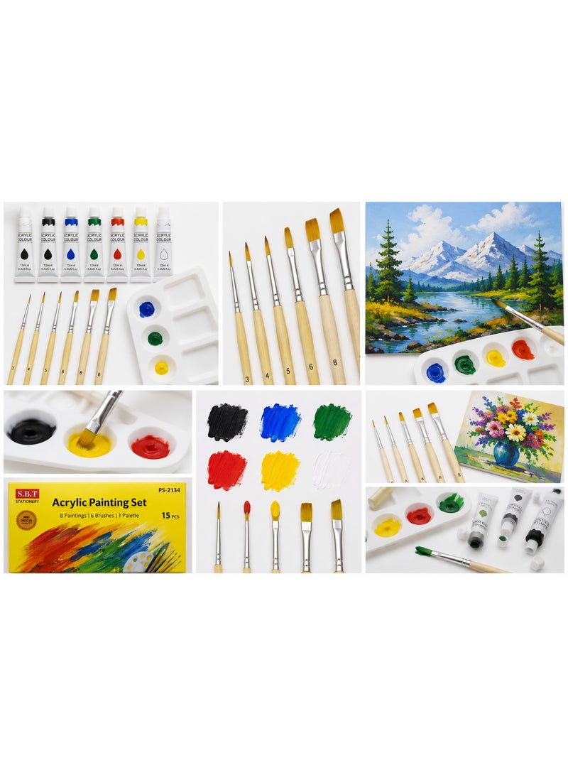 Acrylic Painting Set 15 Pcs - 6 Paint Tubes, 8 Brushes & Mixing Palette - Image 3