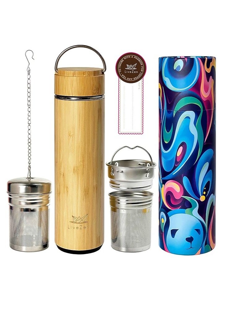 Generic - Bamboo Mug Tumbler with Lid and 2 Pack Tea Infuser for Loose Leaf Tea – Stainless Steel Insulated Travel Water Thermos Flask Bottle with Strainer – Tea Gift Set for Tea Lover Men Women - Image 1
