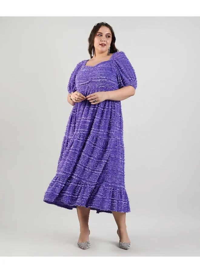 Instafab Plus Women's Amertyst Purple Fringed Midi Dress For Casual Wear | Sweetheart Heart | Short Sleeve | Pull On Closure | Plus-Size Dress Crafted With Comfort With For Everyday Wear