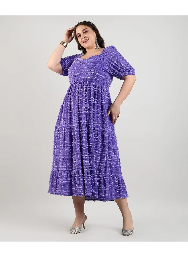 Instafab Plus Women's Amertyst Purple Fringed Midi Dress For Casual Wear | Sweetheart Heart | Short Sleeve | Pull On Closure | Plus-Size Dress Crafted With Comfort With For Everyday Wear