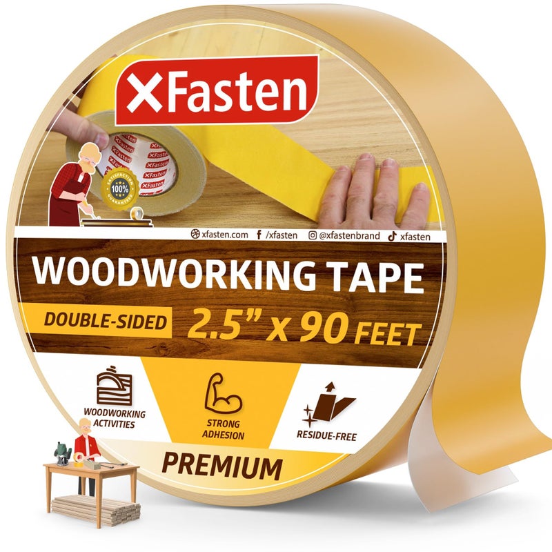 XFasten شريط نجارة مزدوج الجوانب من XFasten مع خلفية صفراء 2.5 بوصة × 30 ياردة - Image 1