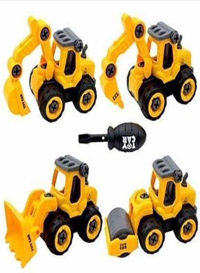 GoldiMec Construction Vehicles Set of 4 DIY Toys | Construction Trucks with 1 Screwdriver Tools, Kids Building Excavator, Bulldozer, Road Roller, Drill Excavator, - Image 1