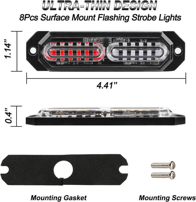 ASPL 8pcs Sync Feature Ultra Slim 12-LED Surface Mount Flashing Strobe Lights for Truck Car Vehicle LED Mini Grille Light Head Emergency Beacon Hazard Warning Lights (Red/Blue) - Image 5