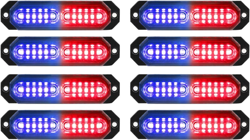 ASPL 8pcs Sync Feature Ultra Slim 12-LED Surface Mount Flashing Strobe Lights for Truck Car Vehicle LED Mini Grille Light Head Emergency Beacon Hazard Warning Lights (Red/Blue) - Image 1