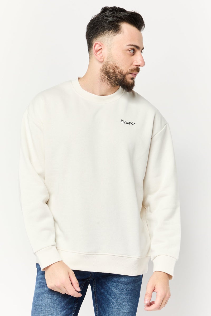 Algspar Men Crew Neck Brand Logo Long Sleeve Sweatshirts, Off White - Image 1