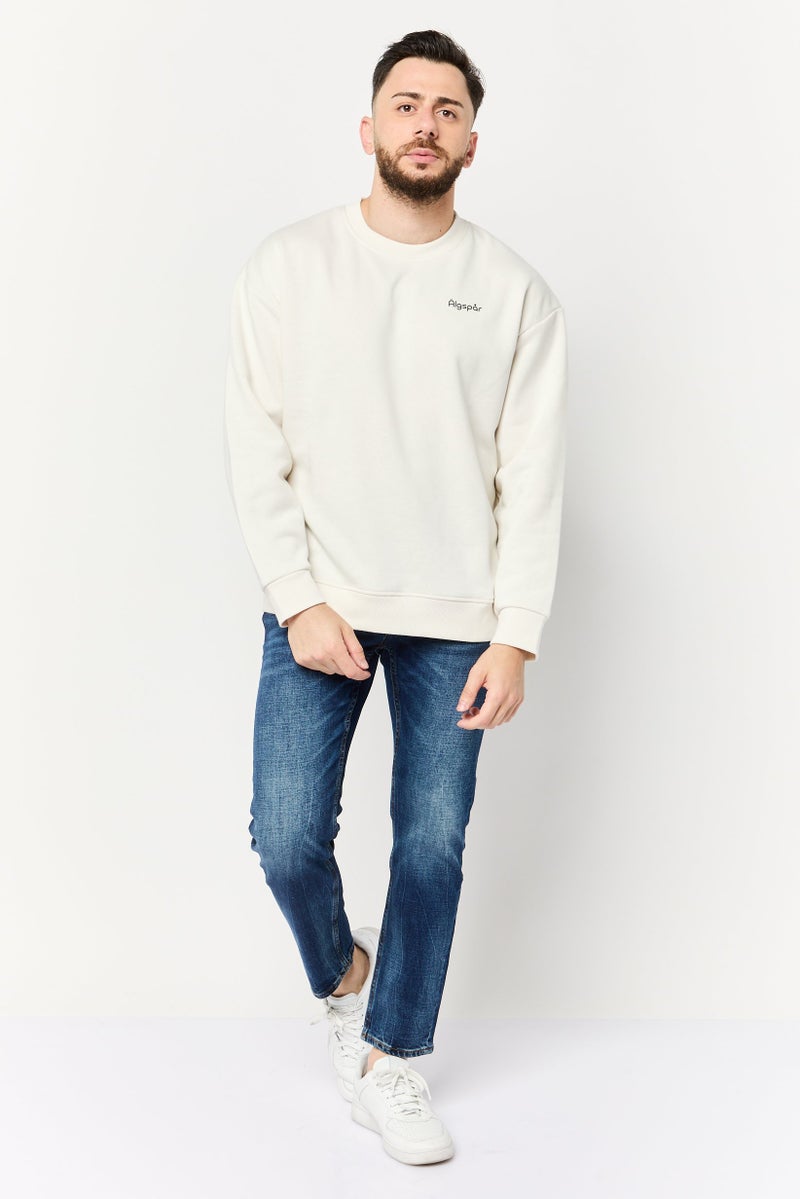 Algspar Men Crew Neck Brand Logo Long Sleeve Sweatshirts, Off White - Image 2