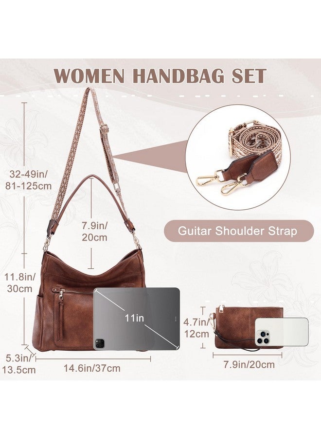Kasqo Kasqo Hobo Bags for Women,Medium Vegan Leather Handbag with Small Wallet Pouch Set Guitar Strap Crossbody Tote Purse Shoulder Bag for Ladies Brown - Image 1