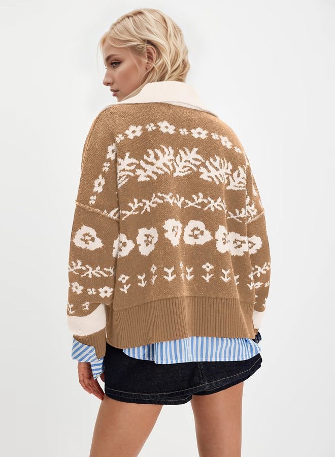 MISSACTIVER Floral Print Button Down Cardigan Sweaters for Women Long Sleeve V Neck Open Front Knit Crop Tops Fall Jacket, Khaki, M - Image 2