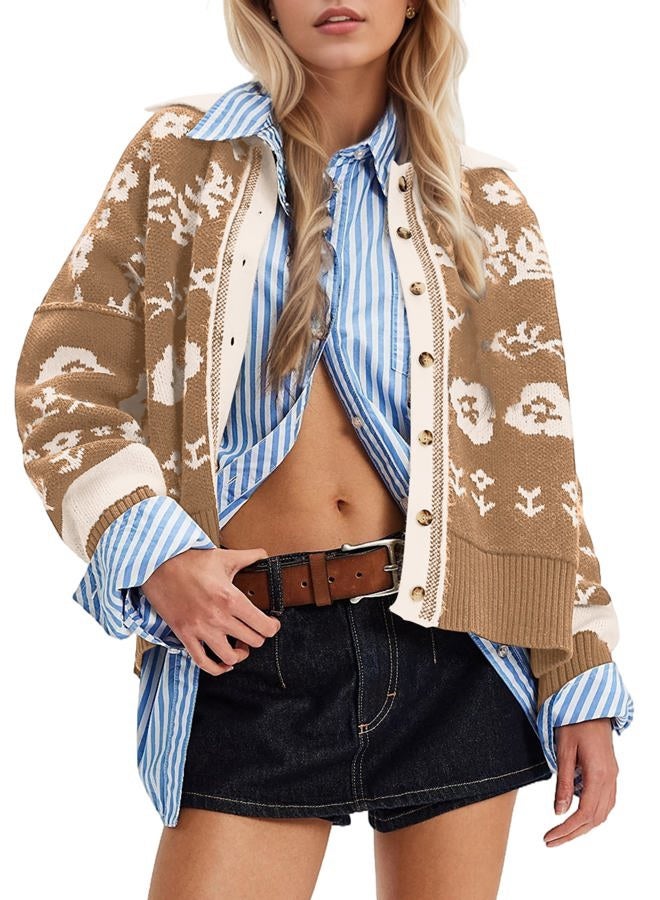 MISSACTIVER Floral Print Button Down Cardigan Sweaters for Women Long Sleeve V Neck Open Front Knit Crop Tops Fall Jacket, Khaki, M - Image 1