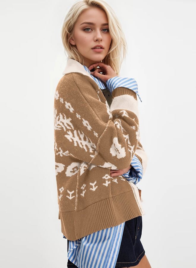 MISSACTIVER Floral Print Button Down Cardigan Sweaters for Women Long Sleeve V Neck Open Front Knit Crop Tops Fall Jacket, Khaki, M - Image 3