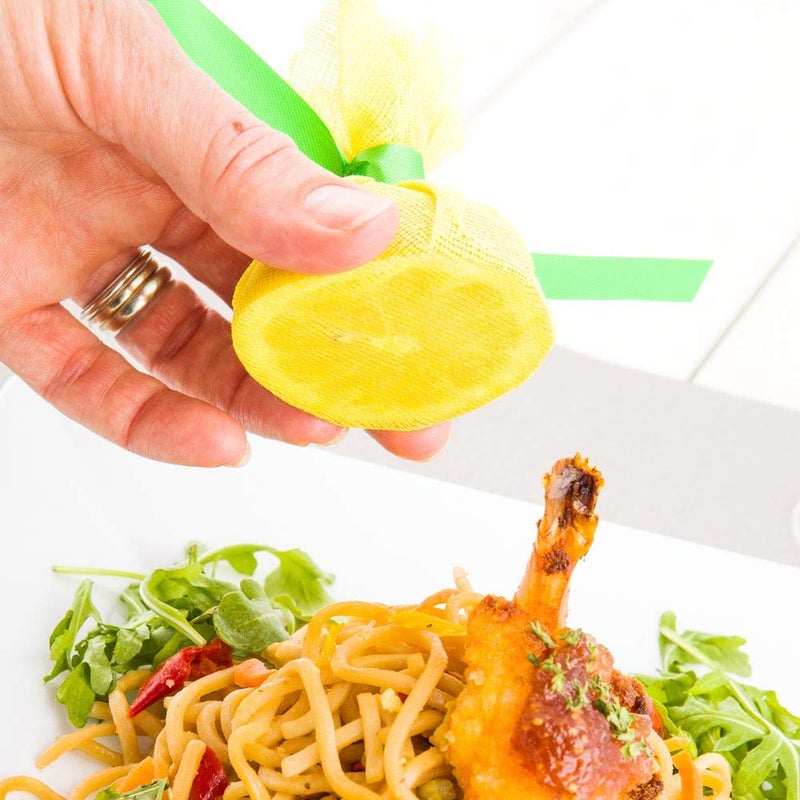 Restaurantware Lemon Stretch Wraps 100 Pack Of 8.8" x 8.8" With Light Green Satin Ribbon Lemon Wedge Wraps Yellow Reusable Cotton Nets For Halves And Wedges To Squeeze for No-Seed on Seafoods - Image 3