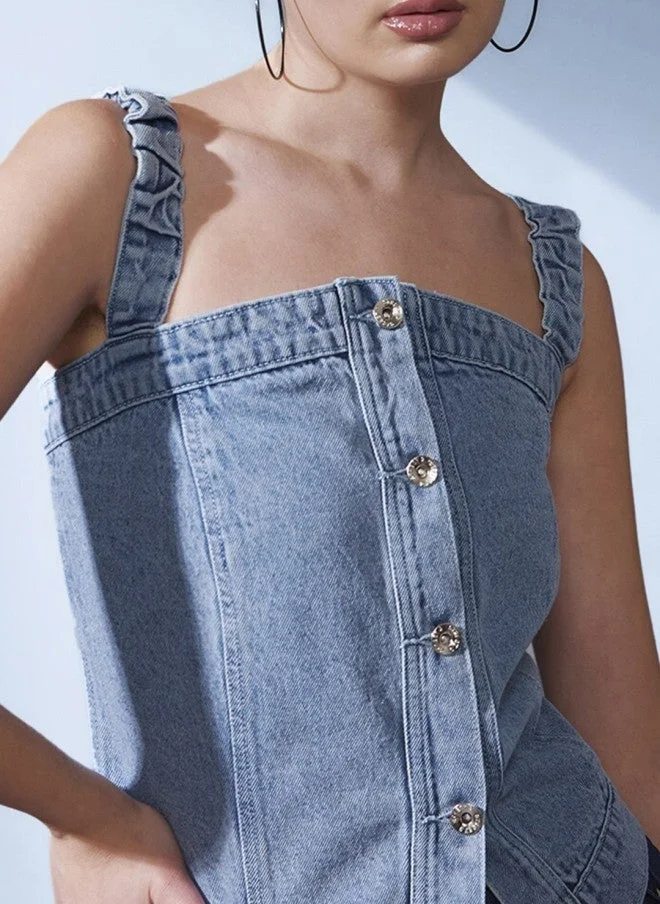 STREET 9 بلوزة دنيم قطنية قصيرة للنساء