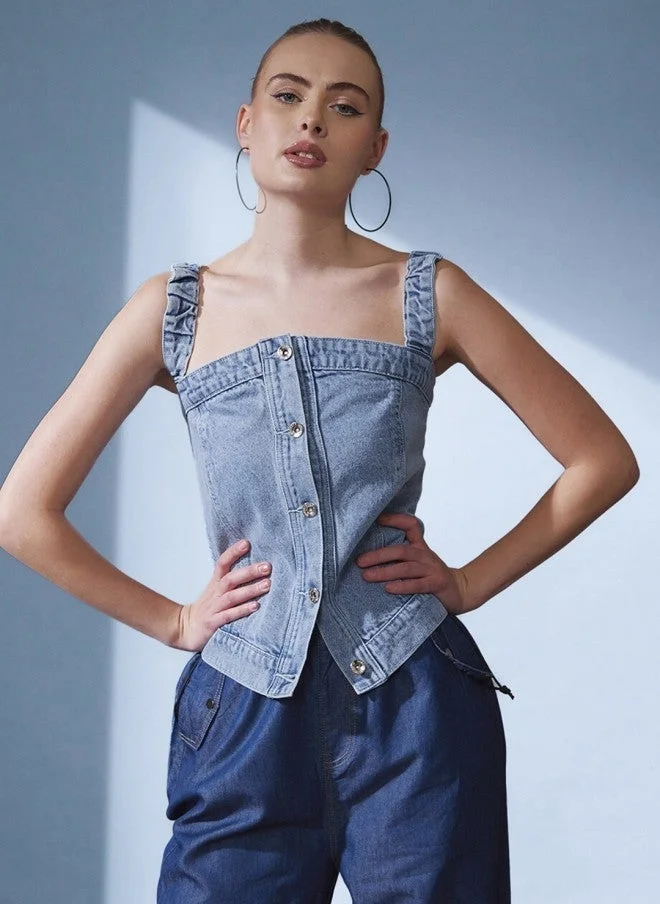 STREET 9 بلوزة دنيم قطنية قصيرة للنساء