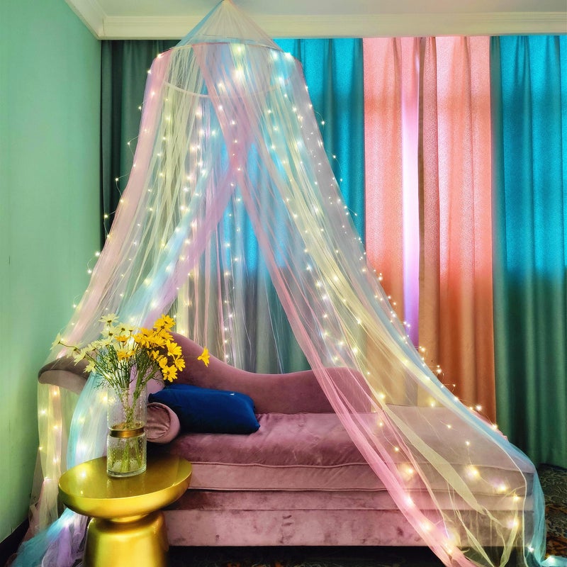 Eimilaly Princess Rainbow Bed Canopy with 250pcs Warm White Curtain Lights, Bed Canopy for Girls Room Decor or Unicorn Theme Party - Image 2