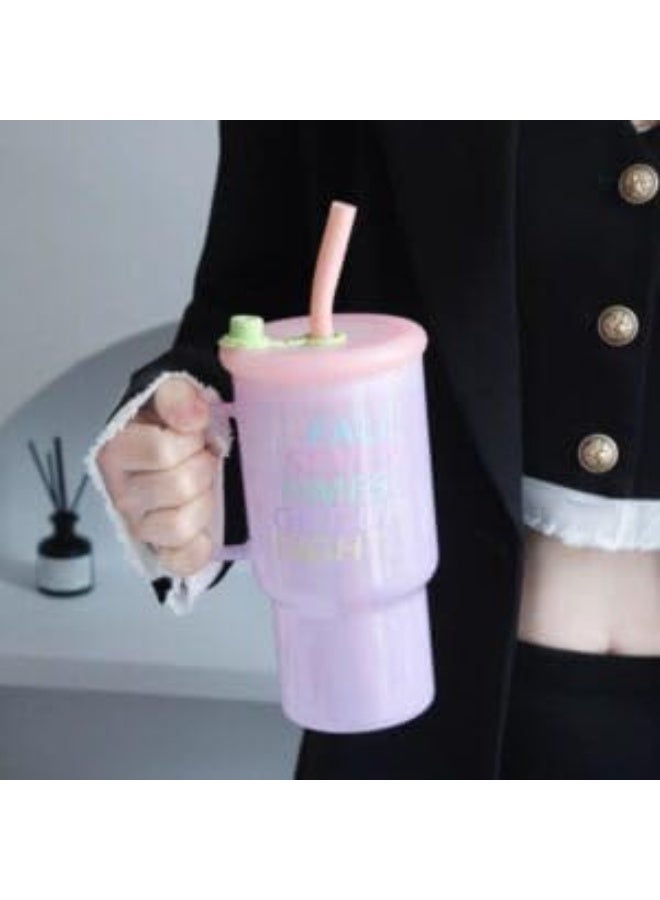 900ml glass mug with handle and straw for drinking juices and hot beverages purple