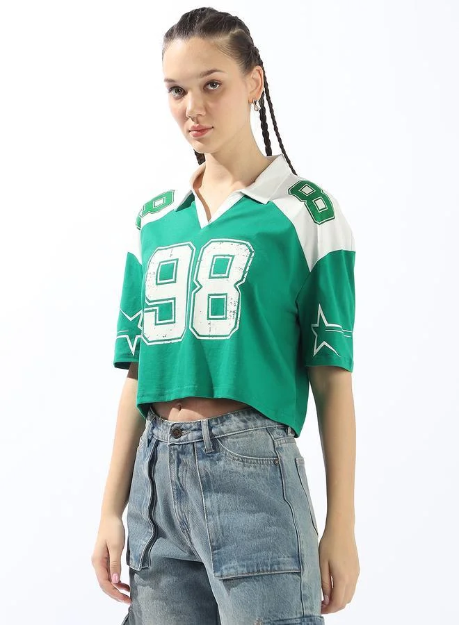 هوبرهولمي تيشيرت بولو نسائي قطن 1% بطبعة خضراء بقصة بوكسي