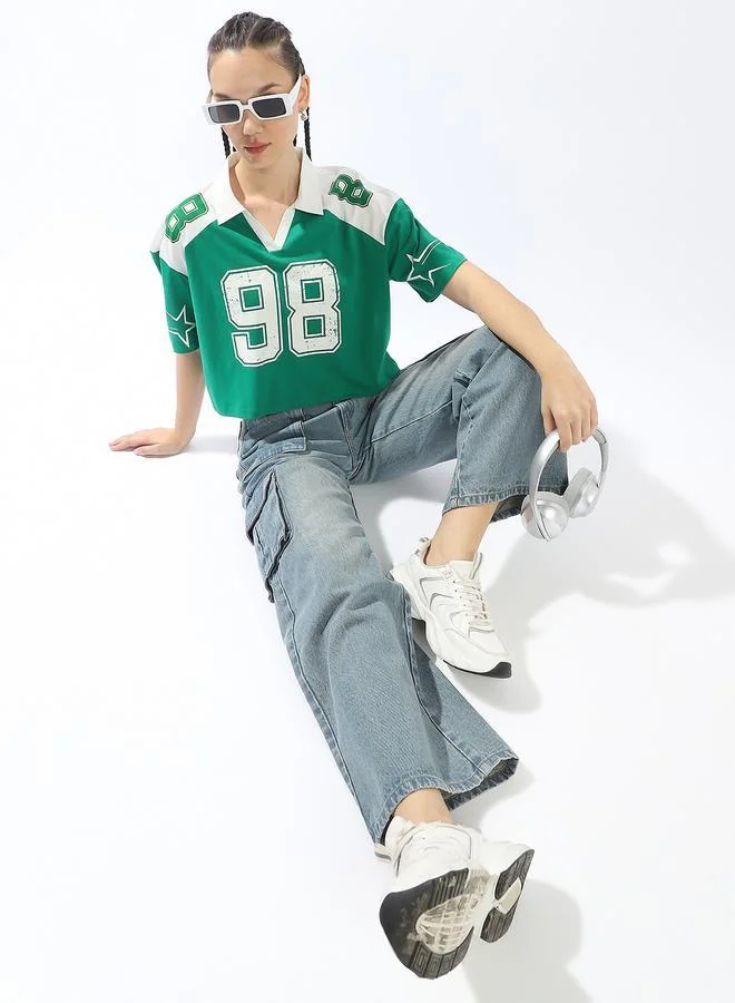 هوبرهولمي تيشيرت بولو نسائي قطن 1% بطبعة خضراء بقصة بوكسي