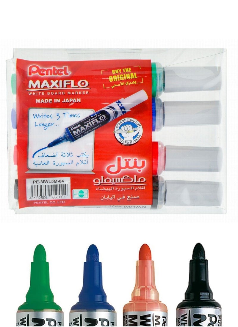 Pentel 4-Piece Maxiflo Whiteboard Erasable Markers Bullet Tip Multicolour  - Image 1