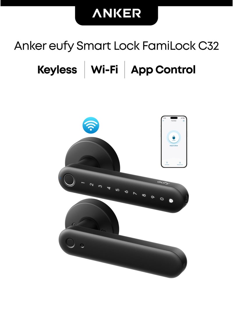 إيوفي **eufy Smart Lock FamiLock C32، قفل باب ذكي ببصمة الإصبع وبدون مفتاح مع مقبض للأبواب الداخلية، مزود بشبكة Wi-Fi مدمجة (2.4 جيجاهرتز فقط)، تحكم عبر التطبيق، ذكاء اصطناعي ذاتي التعلّم، قفل تلقائي، يعمل بـ4 بطاريات AA، يدعم Alexa وGoogle** - Image 1