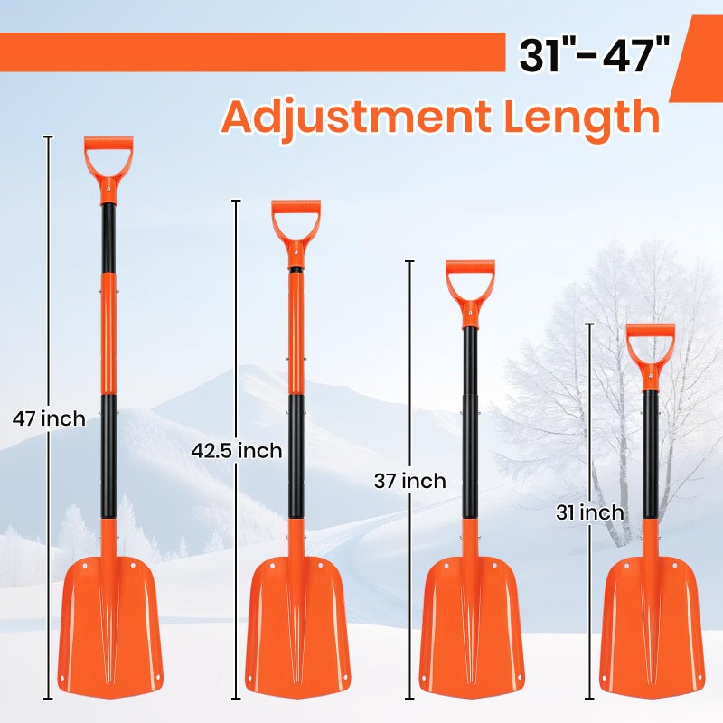 Ajimy Telescoping Snow Shovel for Car Emergency & Driveway, 31"-47" Extendable Aluminum Shovel with D-Grip, Heavy Duty Shovel for Snow Removal, Gardening & Camping - Image 2