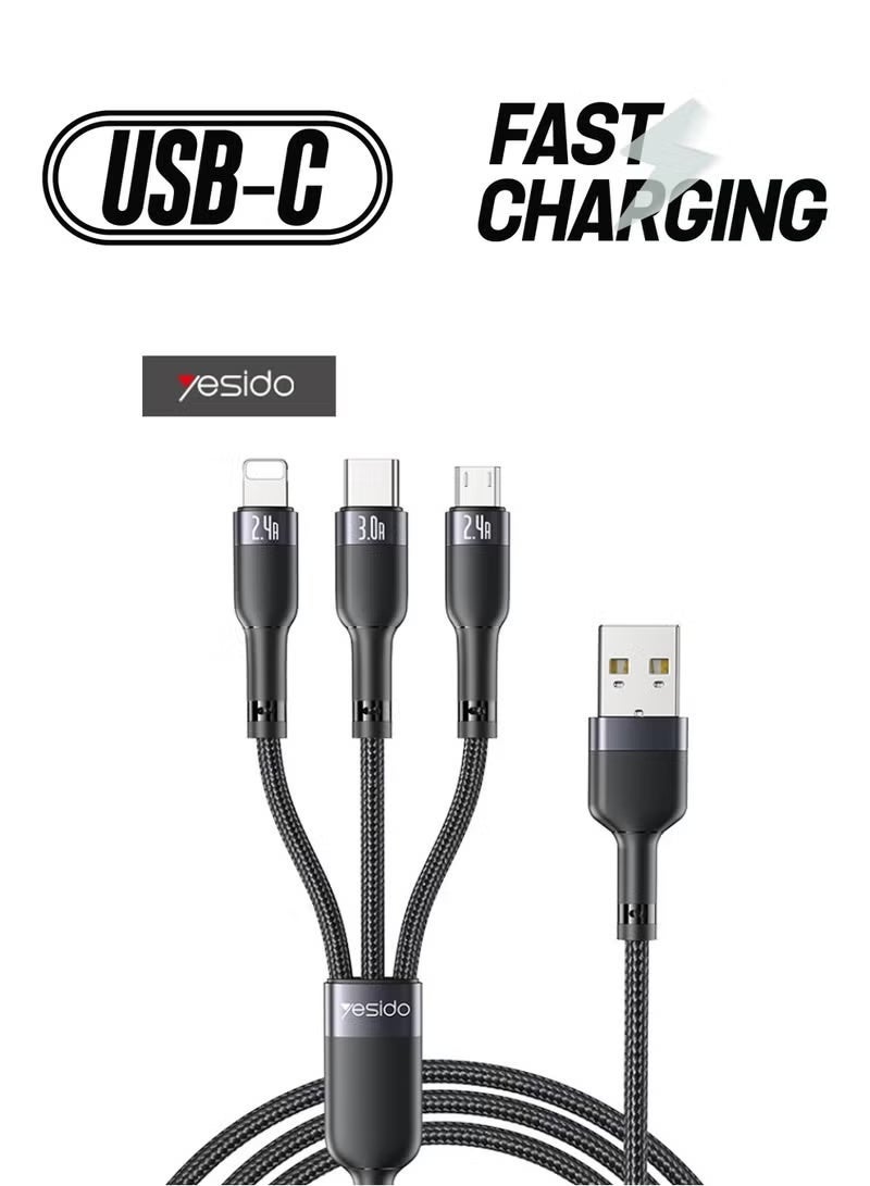Yesido 3 In 1 Fast Charging Data Cable, USB To Lightning/Micro/Type-C Data Cable, Durable Nylon Braided Cord, 3A Fast Charging, Compatible with Apple Android Mobile Phones and More (1.2 Meter, Black) - Image 1
