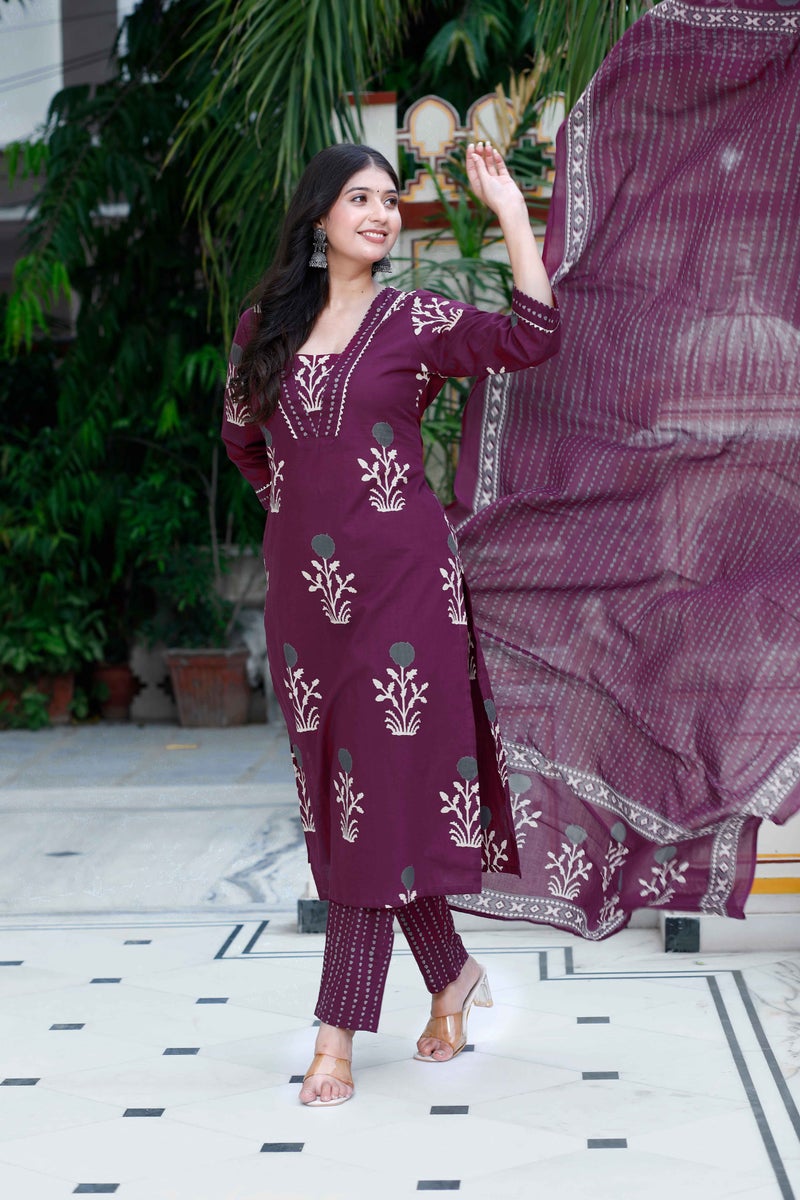 Miravan Womens Cotton Fabric Purple Color Kurta With Palazzo And Dupatta Set - Image 2