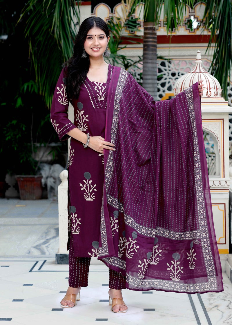 Miravan Womens Cotton Fabric Purple Color Kurta With Palazzo And Dupatta Set - Image 1