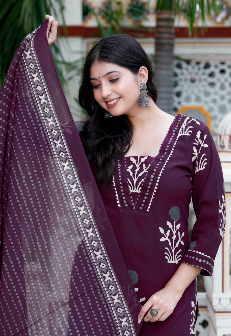 Miravan Womens Cotton Fabric Purple Color Kurta With Palazzo And Dupatta Set - Image 4