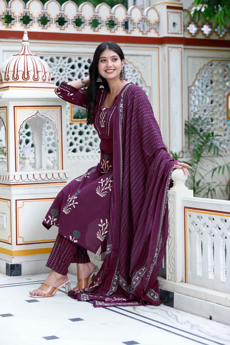 Miravan Womens Cotton Fabric Purple Color Kurta With Palazzo And Dupatta Set - Image 5
