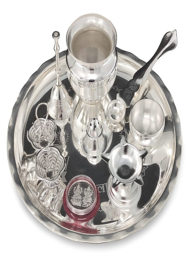 BENGALEN Puja thali Silver Plated Set 8 Inch with Pooja Items Plate Ghanti Bowl Spoon Coin Dhup Dan Diya Kumkum Stand Thali for Home Mandir Office Wedding Return Diwali Gift Items - Image 1