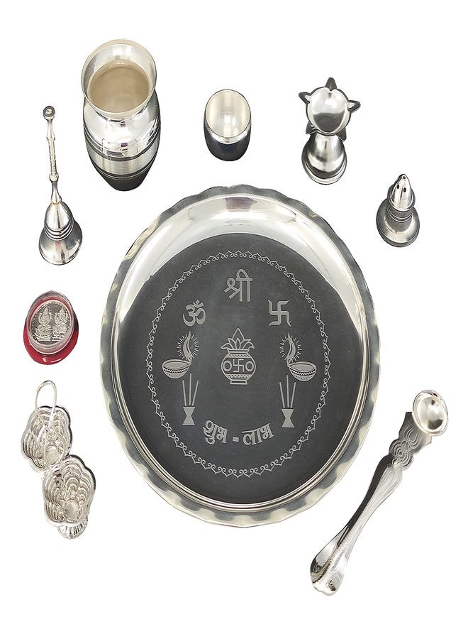 BENGALEN Puja thali Silver Plated Set 8 Inch with Pooja Items Plate Ghanti Bowl Spoon Coin Dhup Dan Diya Kumkum Stand Thali for Home Mandir Office Wedding Return Diwali Gift Items - Image 4