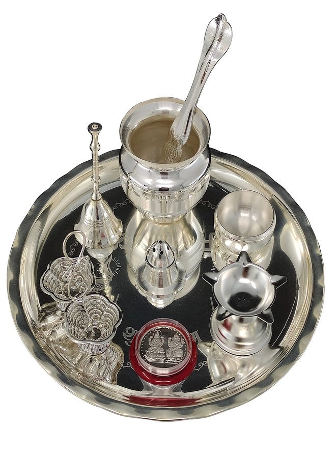 BENGALEN Puja thali Silver Plated Set 8 Inch with Pooja Items Plate Ghanti Bowl Spoon Coin Dhup Dan Diya Kumkum Stand Thali for Home Mandir Office Wedding Return Diwali Gift Items - Image 5