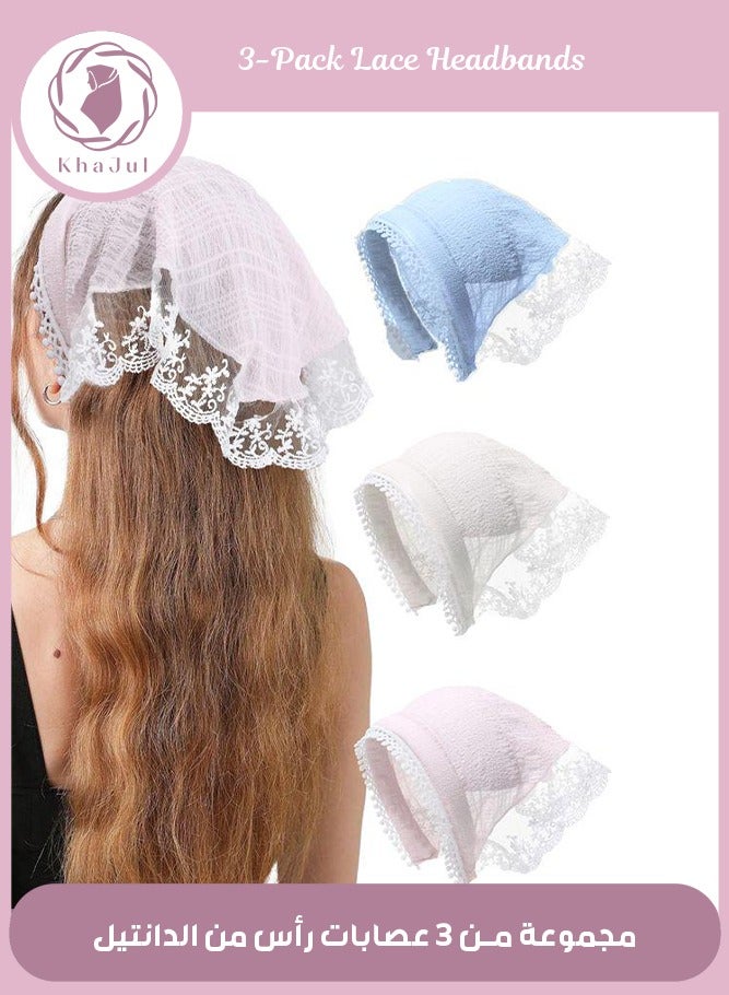 إسكدنيا 3 قطع من وشاح الشعر باندانا رباط اليد للنساء - 3 قطع من وشاح الرأس الشيفون لشعر النساء، وشاح مثلث من الدانتيل غير قابل للانزلاق عصابات شعر للنساء (أزرق + وردي + أبيض عاجي) - Image 1