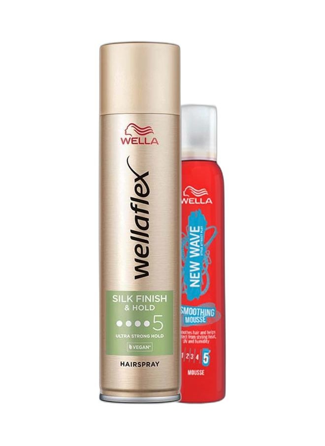 WELLA Professional Hair Styling Set- Wellaflex Silk Finish and Hold Hairspray 250ml + New Wave Multicolour Smoothing Mousse 200ml – for Smooth, Long-Lasting Hold  - Image 1