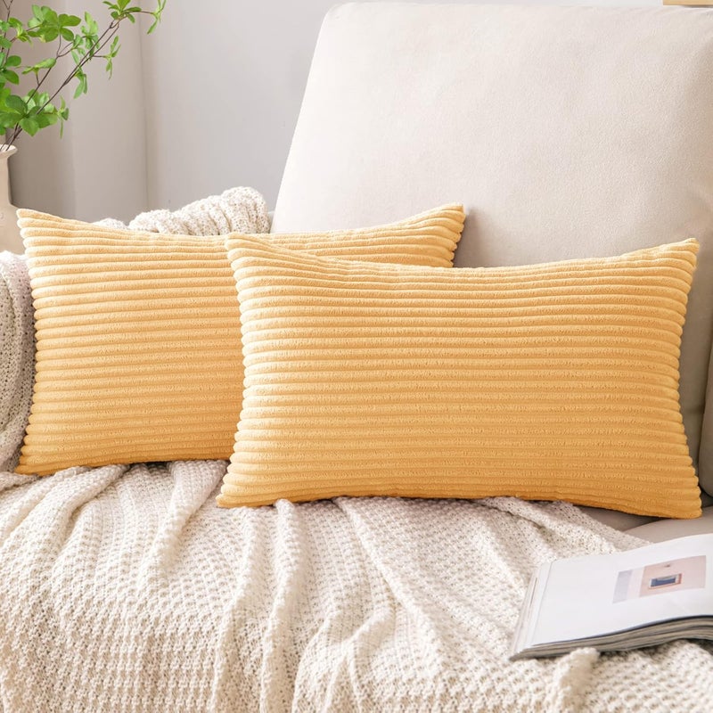 EMEMA Pack of 2 Corduroy Throw Pillow Covers Decorative Soft Striped Rectangle Cushion Cases Pillowcases Spring for Couch Sofa Bedroom Chair Car 12x20 Inch Sunflower Yellow - Image 1