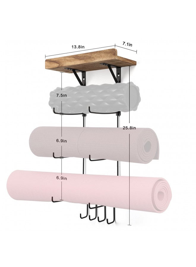 Bikoney Bikoney Yoga Mat Holder Wall Mount Yoga Mat Storage Home Gym Accessories with Wood Floating Shelves and 4 Hooks for Hanging Foam Roller and Resistance Bands Fitness Home Gym Carbonized Black - Image 4