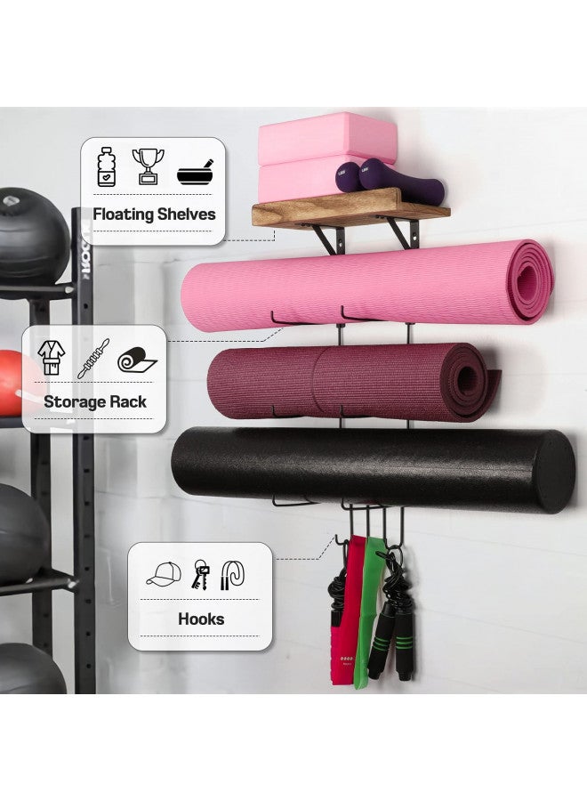 Bikoney Bikoney Yoga Mat Holder Wall Mount Yoga Mat Storage Home Gym Accessories with Wood Floating Shelves and 4 Hooks for Hanging Foam Roller and Resistance Bands Fitness Home Gym Carbonized Black - Image 1
