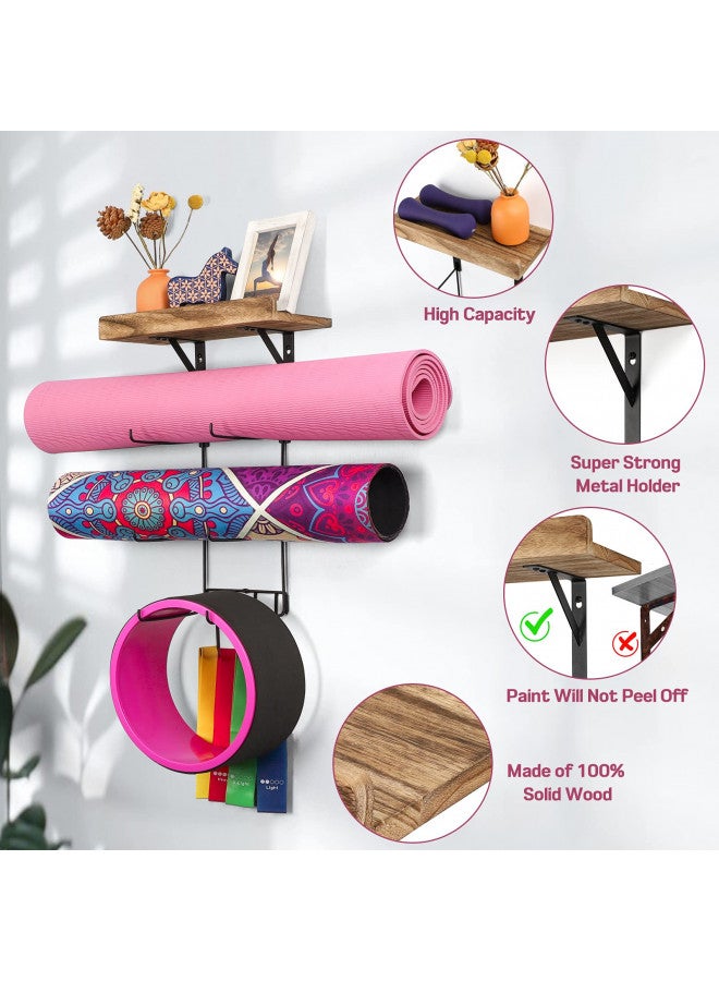 Bikoney Bikoney Yoga Mat Holder Wall Mount Yoga Mat Storage Home Gym Accessories with Wood Floating Shelves and 4 Hooks for Hanging Foam Roller and Resistance Bands Fitness Home Gym Carbonized Black - Image 3