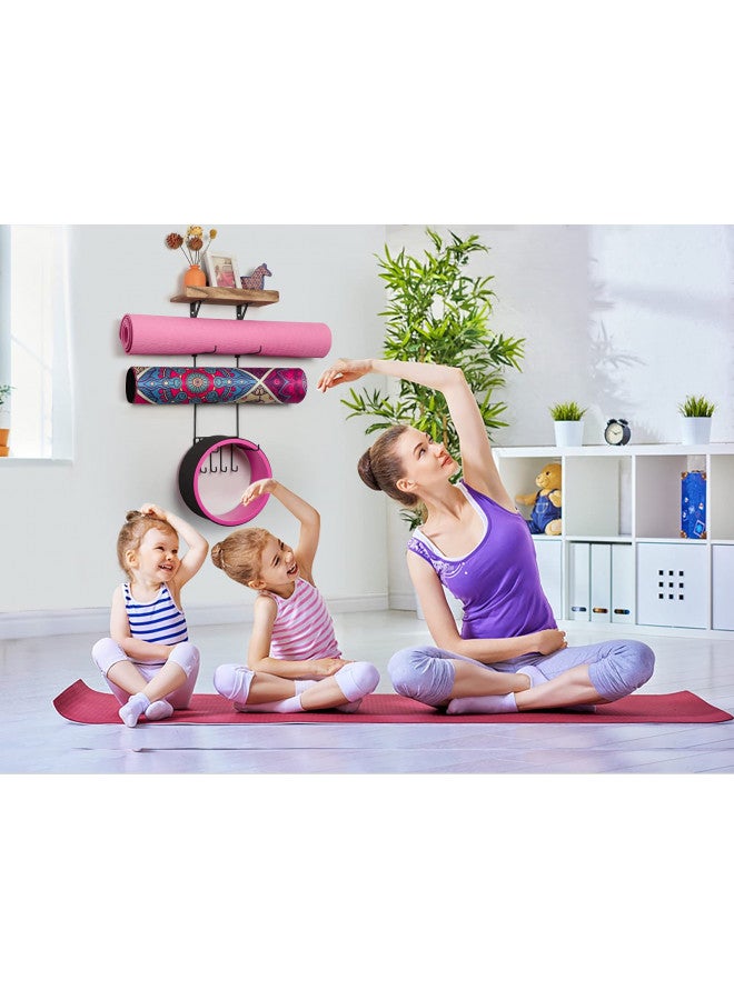 Bikoney Bikoney Yoga Mat Holder Wall Mount Yoga Mat Storage Home Gym Accessories with Wood Floating Shelves and 4 Hooks for Hanging Foam Roller and Resistance Bands Fitness Home Gym Carbonized Black - Image 2