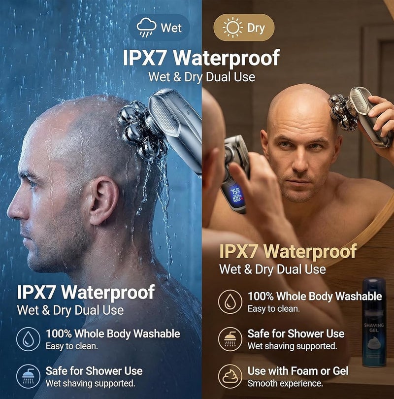 AntExpanse ماكينات حلاقة رأس 7D للرجال الصلع، ماكينة حلاقة كهربائية قابلة للفصل مغناطيسيًا مُحسّنة، ماكينة حلاقة دوارة مقاومة للماء IPX7 للاستخدام الرطب والجاف بشاشة LED، مجموعة عناية احترافية قابلة لتعديل السرعة بثلاث مستويات (فضي) - Image 4