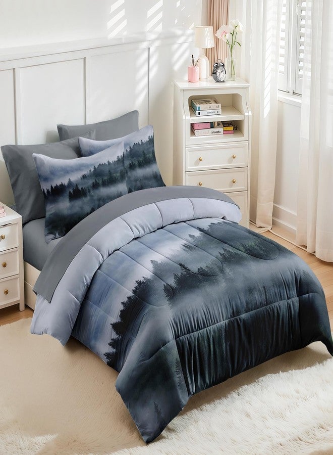Nesker 7 Pcs Comforter Set Queen Size, Wood Forest Fog Bedding Set for Kids and Adults, Pine Tree Mountain Bed Sheet Sets with Fitted Sheet 2 Pillowcases & 2 Shams - Image 4