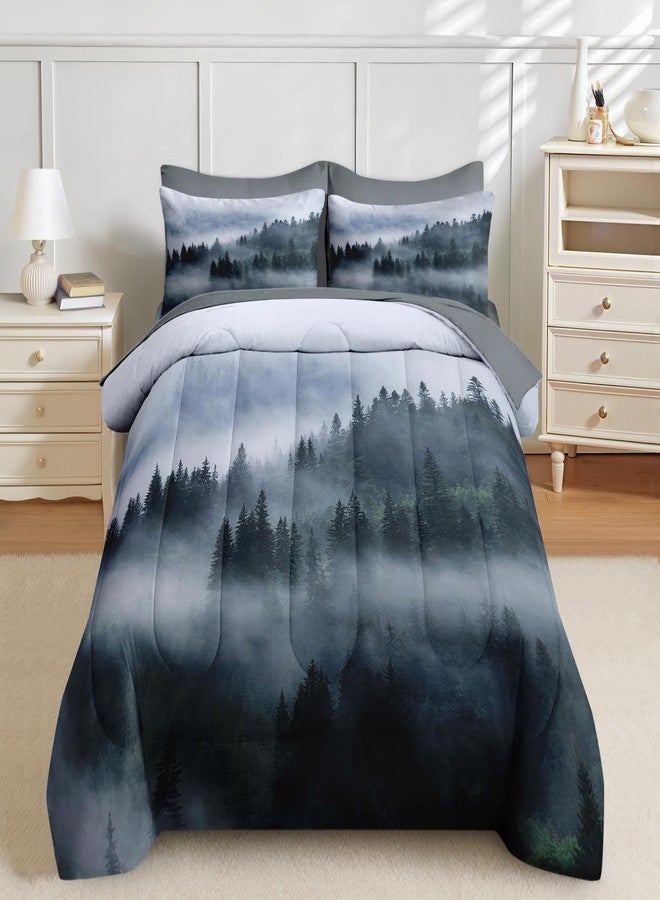 Nesker 7 Pcs Comforter Set Queen Size, Wood Forest Fog Bedding Set for Kids and Adults, Pine Tree Mountain Bed Sheet Sets with Fitted Sheet 2 Pillowcases & 2 Shams - Image 3
